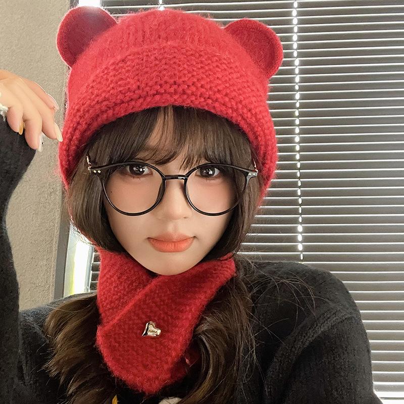 Cute~ Three-dimensional Bear Ears Knitted Wool Hat Women's Big Head Circumference Versatile Face Fashion Hat Thermal Ear Hat