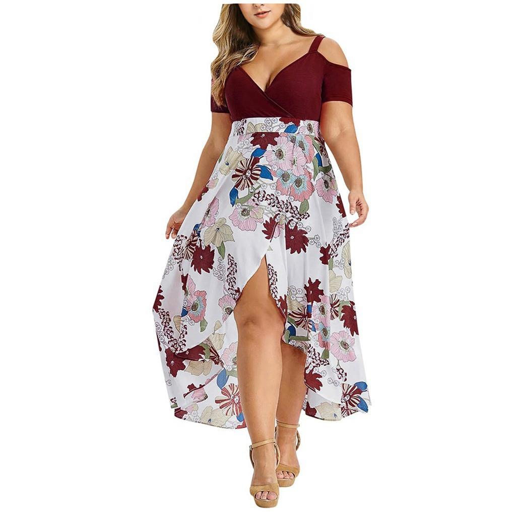 Women's Plus Size Bbohemian Print Off-the-shoulder High-waist Irregular Dress