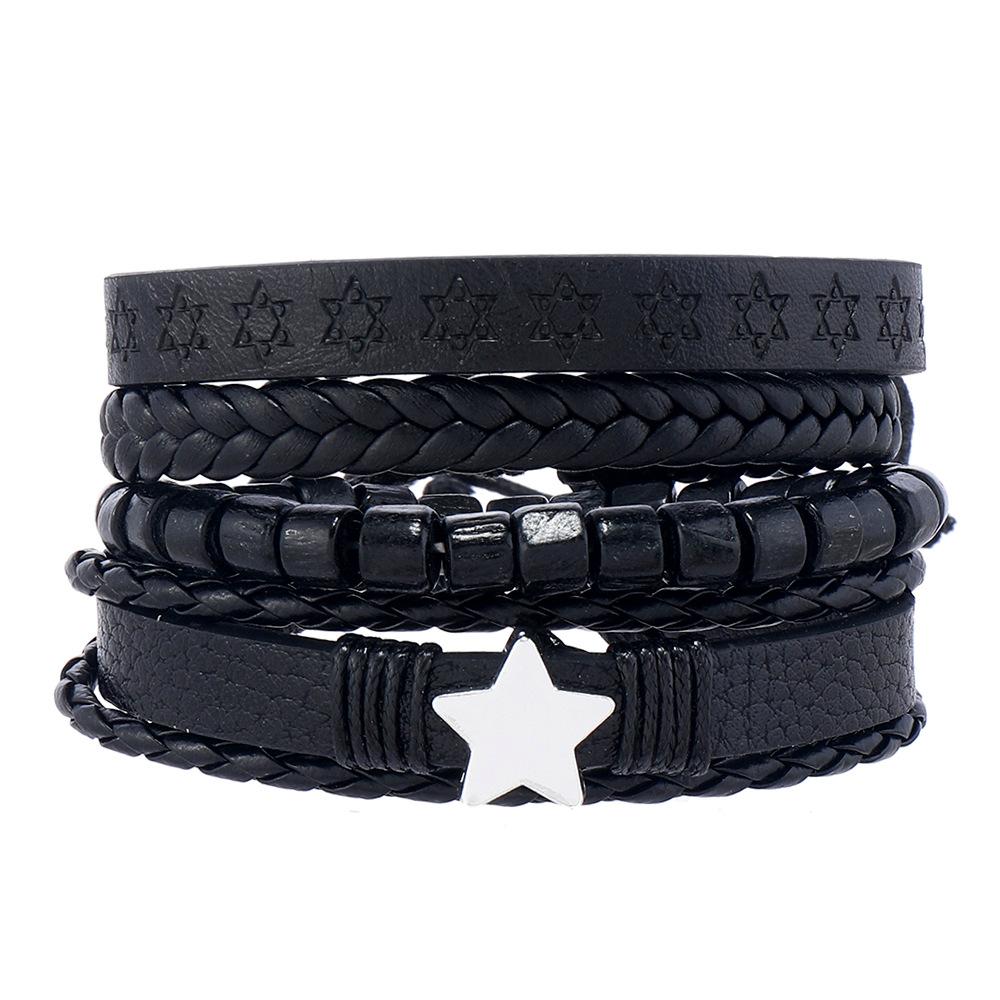 European and American New Dark Wind Alloy Pentagonal Leather Bracelet Four-Piece Set Men's Leather Bracelet Factory Direct Sale