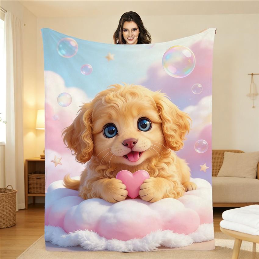 Cute Fluffy Golden Dog Pattern Flannel Printed Blanket Suitable for All Seasons Suitable for Living Room Office Sofa and Travel