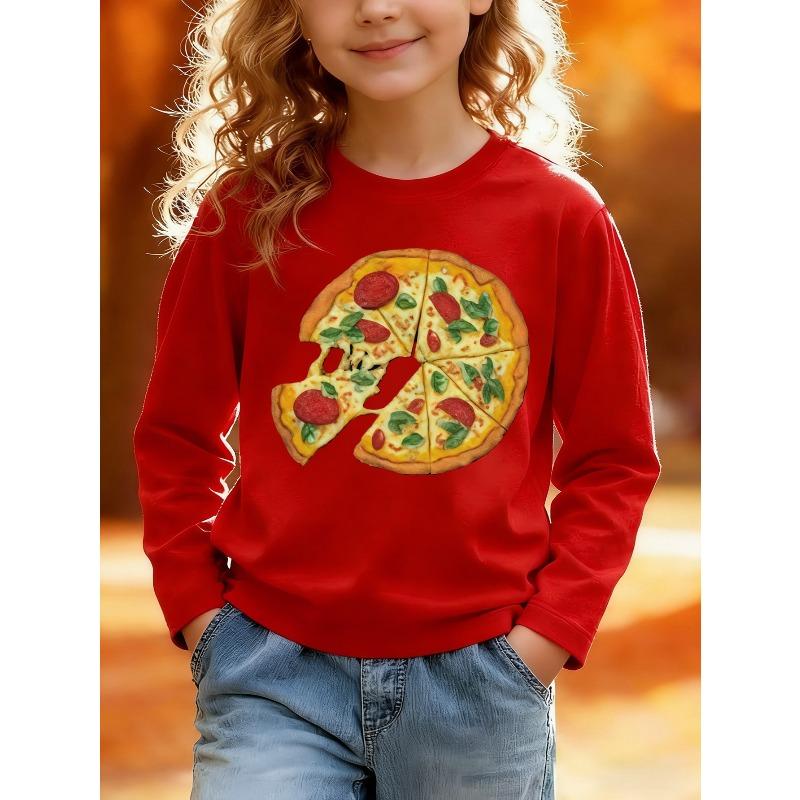 European sizes Kids' Long Sleeve Top, Fashionable Round Neck Sweatshirt with Fun Pizza Print, Cute Top for Casual Daily Wear, Ideal Gift for Kids