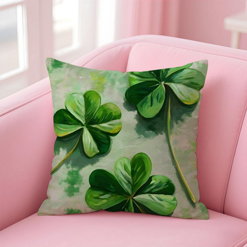 Lucky Four Leaf Clover Fresh Green Cushion Cover Pillowcase Short Plush Invisible zipper Room Sofa Cushion Cover