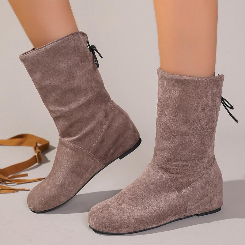 Large size flat bottom inner heightening suede fashion boots autumn and winter new rear lace-up stacking boots versatile women's boots