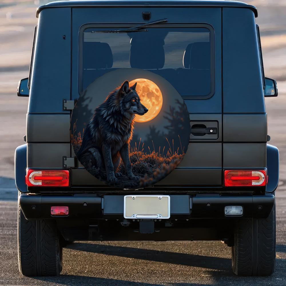 1pc Wolf Full Moon Tire Cover - 2D Flat Print, 100% Polyester Fabric, Fits Most Vehicles, Essential For RVs, Vehicle Tire Cover