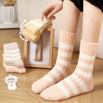 Imitation Wool Socks Children's Winter Style Mid Tube Socks Thickened Warm Stripes Ins Wind Moon Socks Plush Sleep Floor