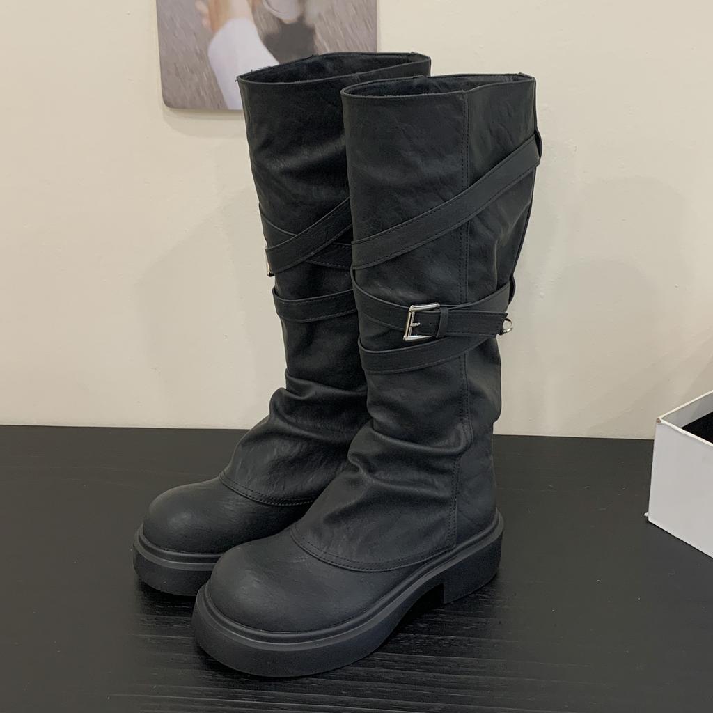 Eilyken Autumn Winter Punk Style Belt Buckle Women Knee High Boots Fashion Round Toe Square Low Heels Long Shoes