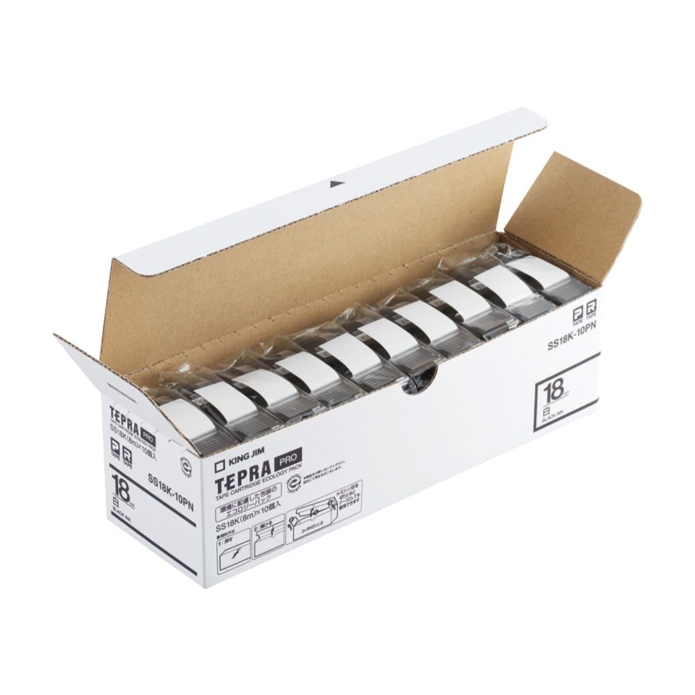 

King Jim Tepra PRO стрічковий картридж Eco Pack 10 шт. 18 мм, білі літери, довжина 8 м [Оригінальний] етикетка/чорний SS18K-10PN білий