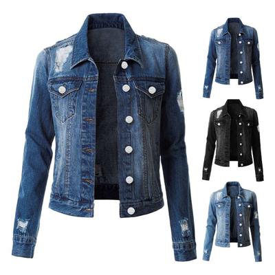 Women Jacket Turn-down Collar Long Sleeve Single-breasted Solid Color Buttons Loose Denim Ripped Hip Hop Streetwear Lady Coat