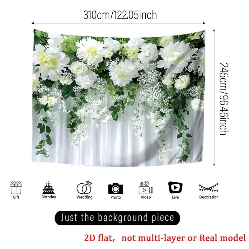 2D White Hydrangea & Green Leaves Backdrop Curtain Style Floral Background for Photoshoot