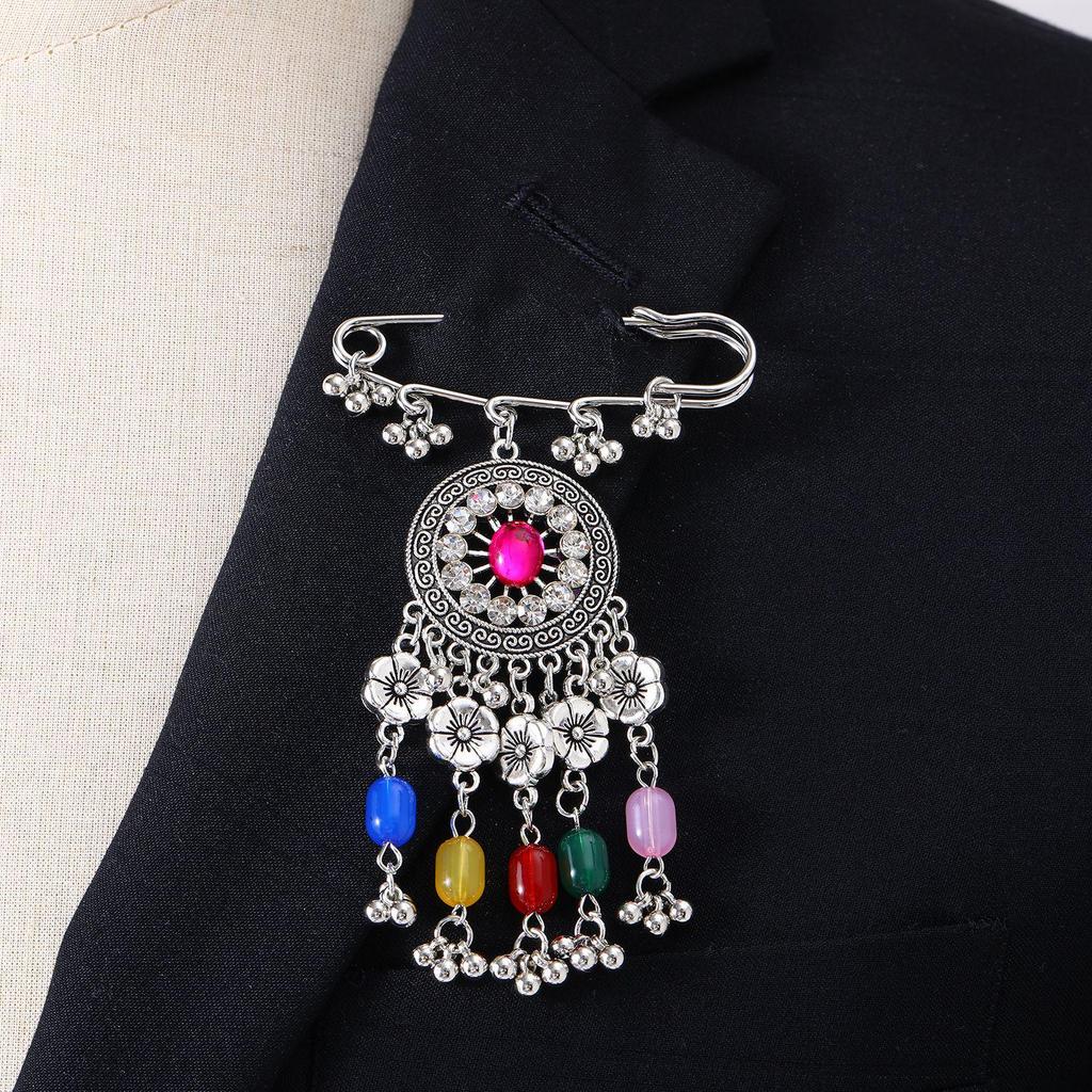 Bohemian Rhinestone Flower Tassel Brooch for Women - Exotic Style Suit Coat Pin