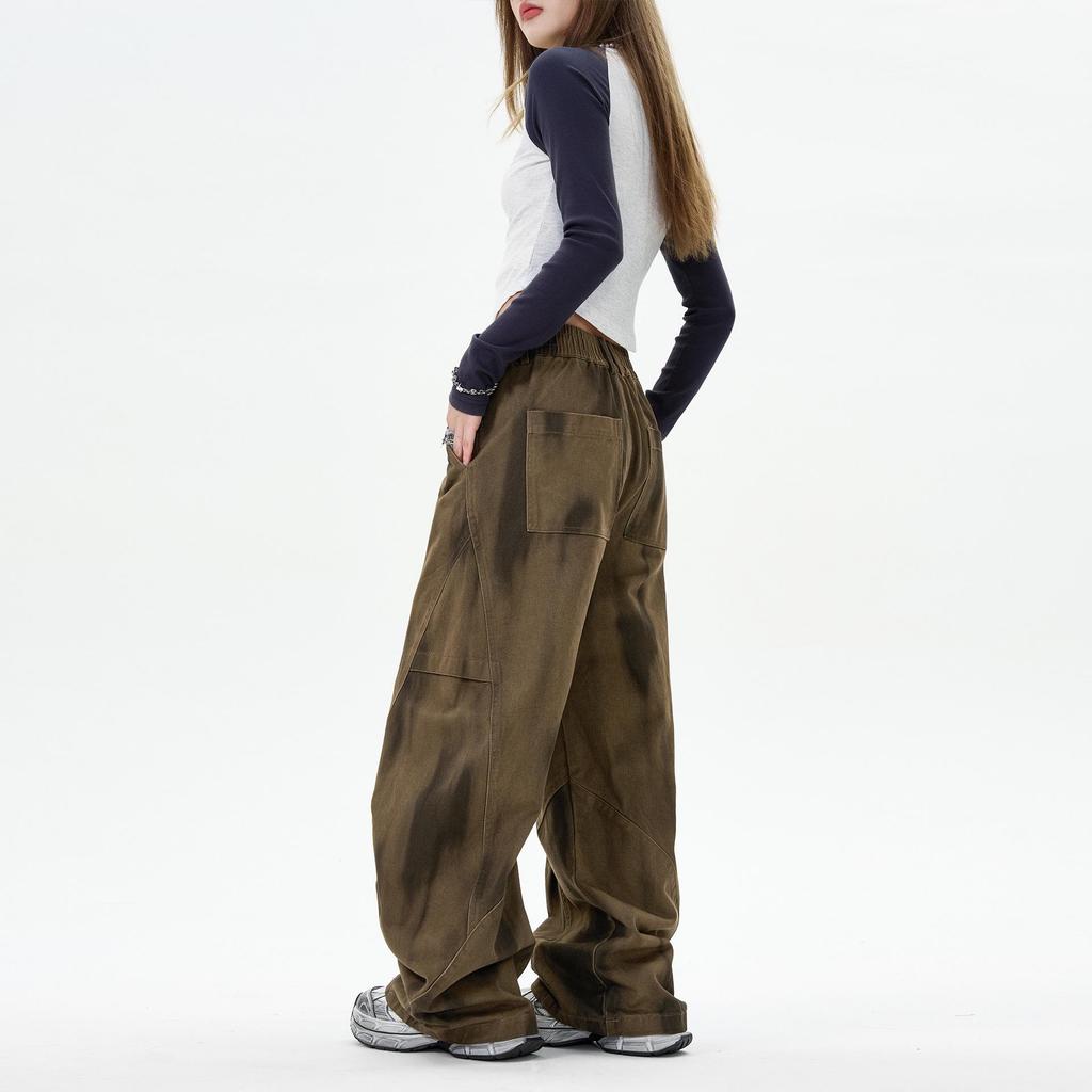 OREETA Tie-Dye Gradient Curved Leg Cargo Pants: Casual Wide Leg Streetwear In Pure Cotton