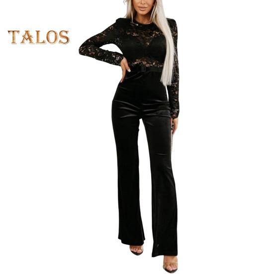 

Жіночий комбінезон з поясом, видовбаним мереживом, квітковою вишивкою, круглим вирізом, довгими рукавами, приталений клаптевий костюм із відкритою спинкою, цільний клубний вечірній костюм XL чорний