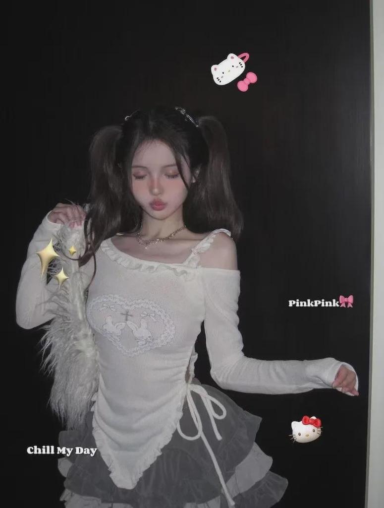 Schwarzes Off-Shoulder Langarm-T-Shirt im koreanischen Stil für Damen - Frühling/Herbst 2023 Schlankmachendes Design