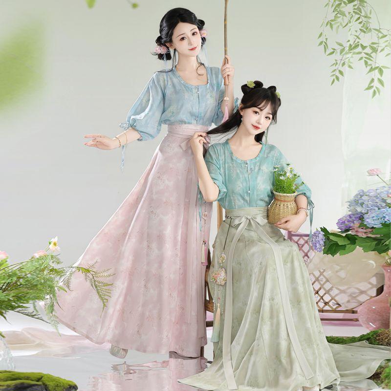 Chinese Tang Dynasty Style Hanfu Printed Tang Robe Top Waist Skirt Modified Daily Suit For Women