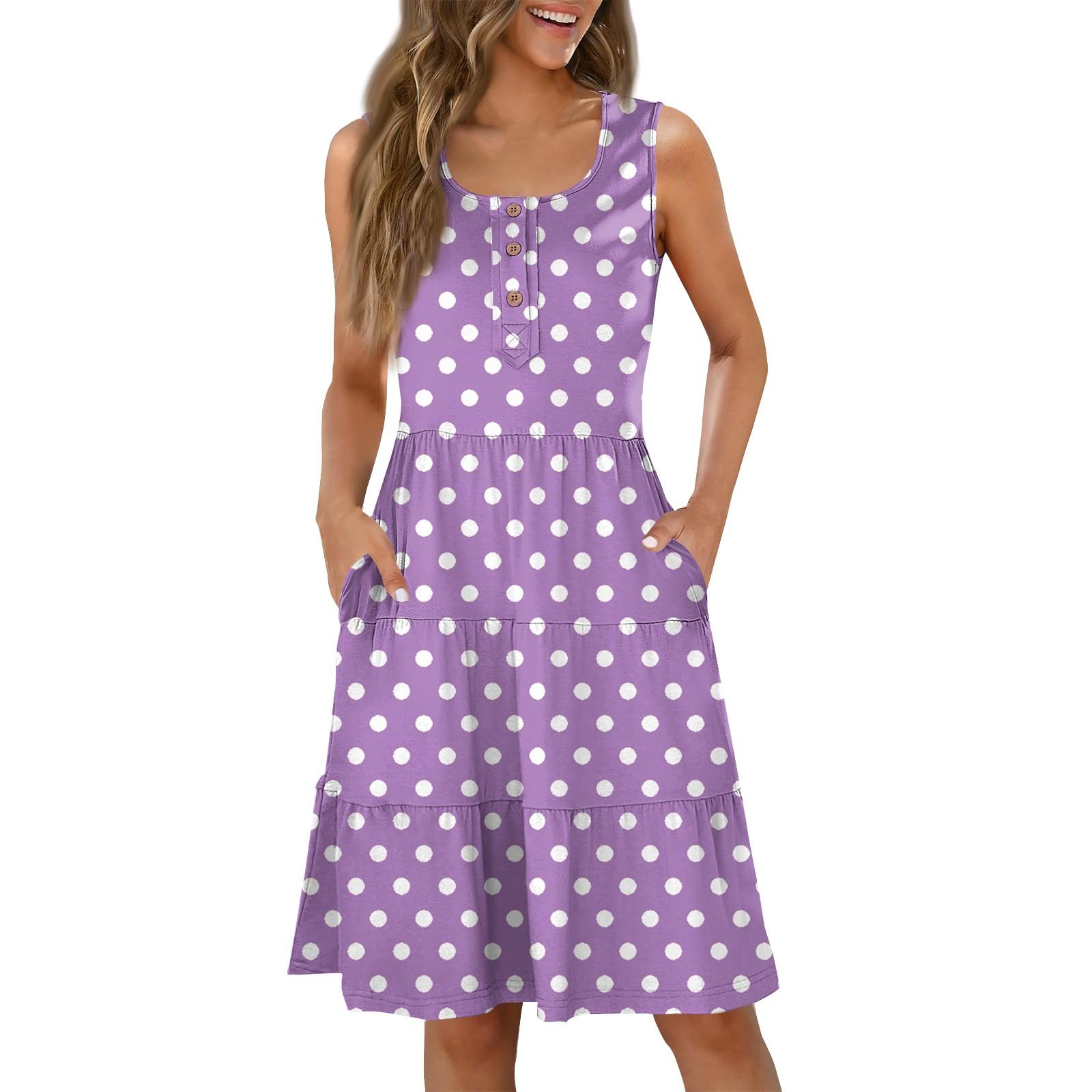 Women s Summer Button Round Neck Sleeveless Polka Dot Printed Casual Dresses XXXL