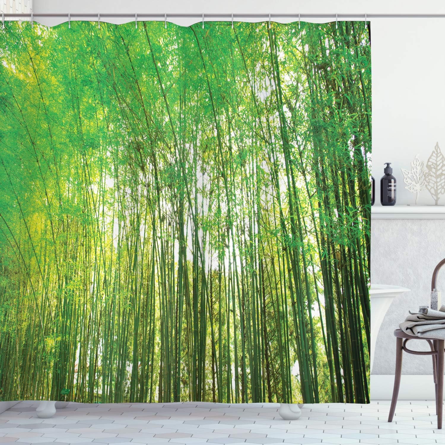 

Bamboo Forest Shower Curtain with Hooks – Tall Green Trees, Natural Botanical Garden View, Yellow Olive Green Landscape 90x180cm35x71in