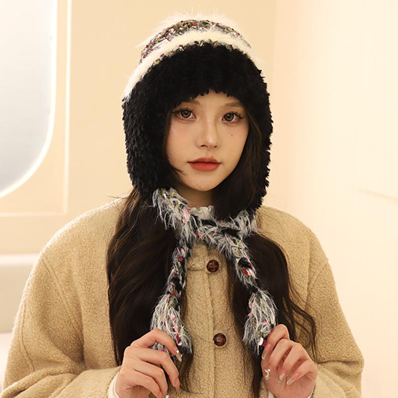 Ethnic Style Striped Splicing Knitted Wool Hat Autumn and Winter Women's Thickened Warm and Cold-proof Ear Protection Pullover Hat Lei Feng Hat