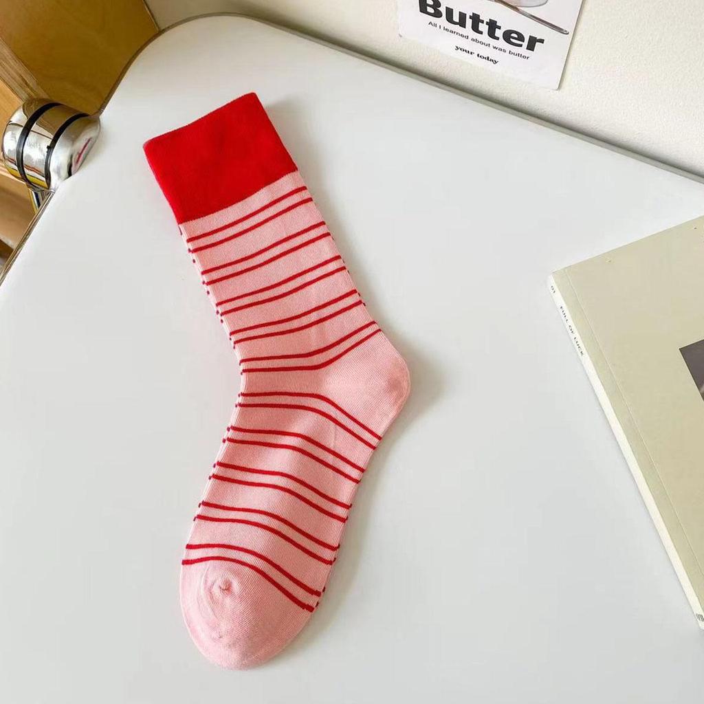 Korean Fashion Striped Socks for Women Spring Summer Soft Cotton Elastic Breathable Mid Tube Socks Girls Casual Socks