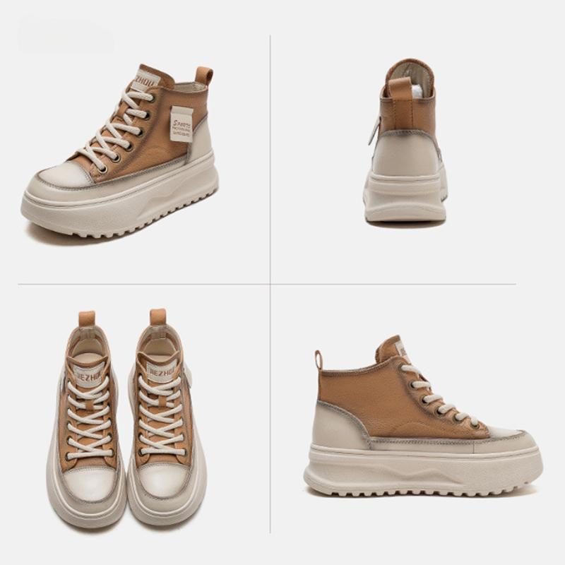 Johnature Flache Plateauschuhe aus echtem Leder zum Schnüren mit dicker Sohle, lässige, vielseitige Damenschuhe aus Rindsleder