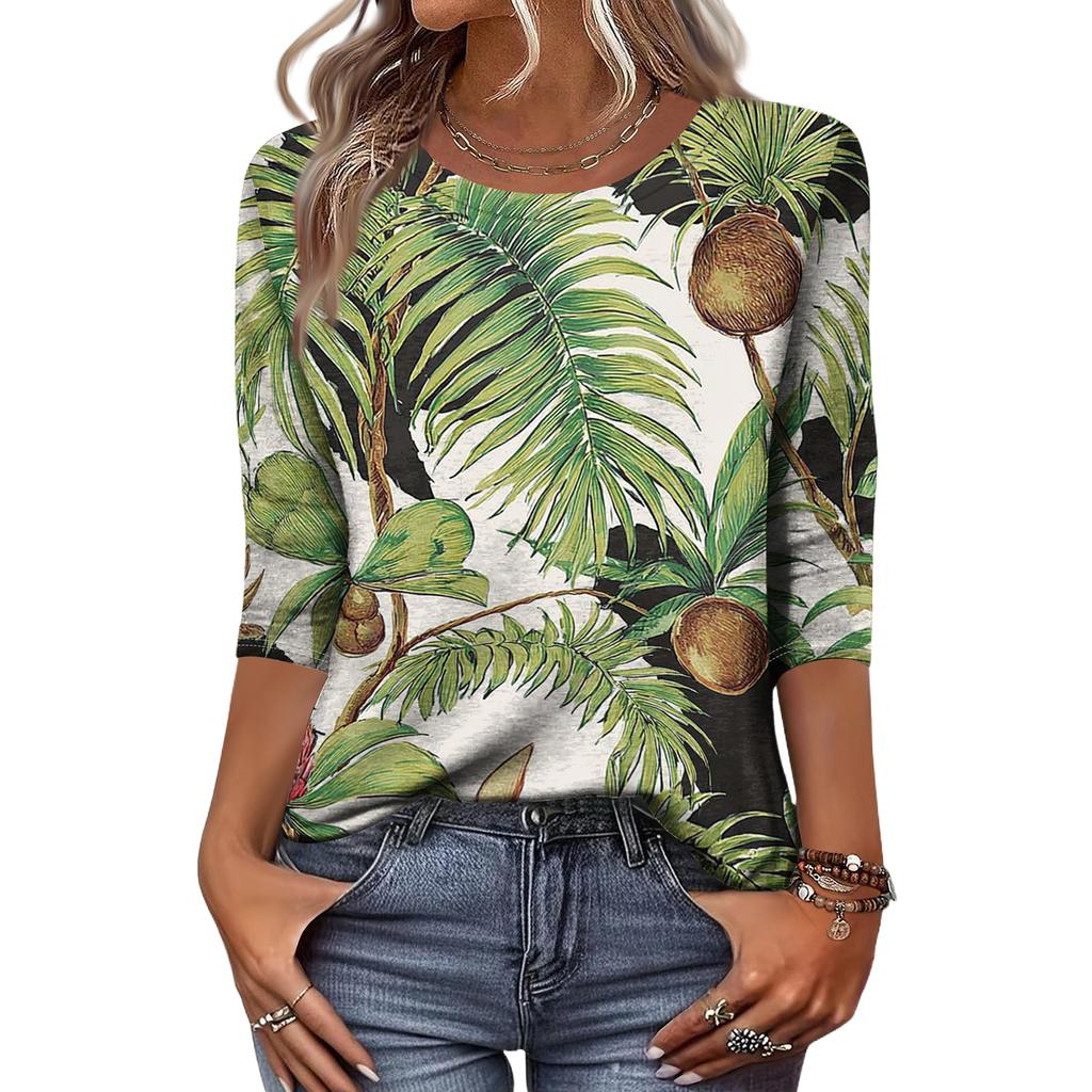 Women's Fashionable Casual Round Neck Three-Quarter Sleeve Printed T-Shirt Top