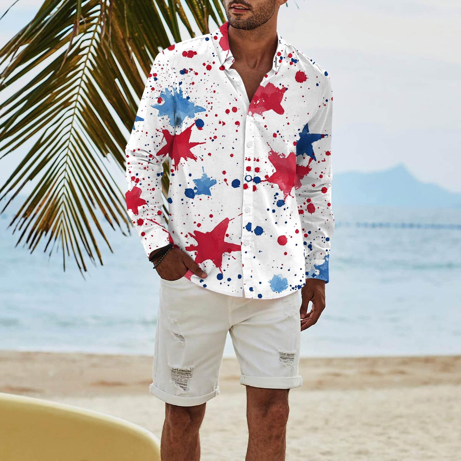 

Men s Fashion Long Sleeve Independence Day Printed Casual T Shirt Button Regular Fit Shirt Top L