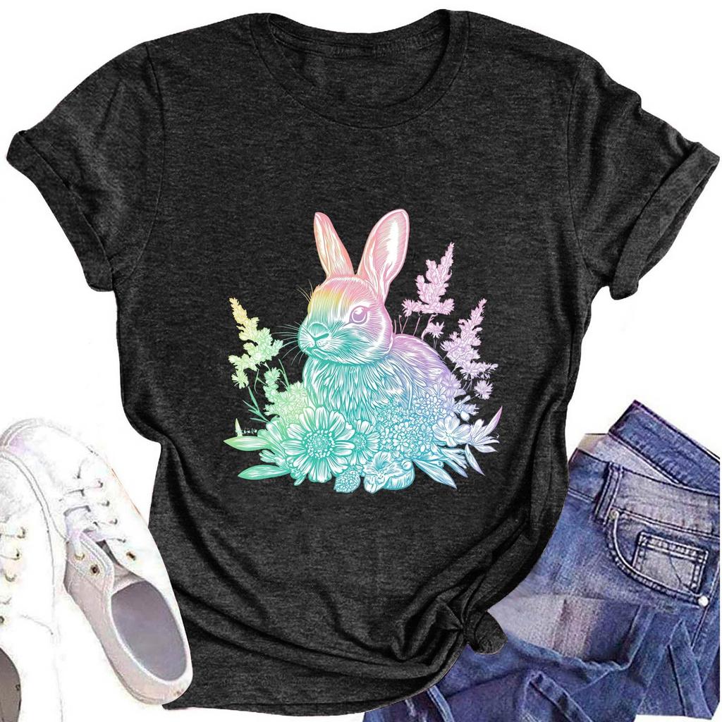 Dámské módní tričko s kulatým výstřihem a krátkým rukávem s velikonočním potiskem, ležérní top