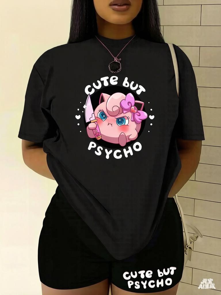 Pokemon Anime Jigglypuff Purple Bow and Knife Printed T-shirt Men s and Women s T-shirt T-shirt 2026 Summer Tee Casual Y2K Tops M