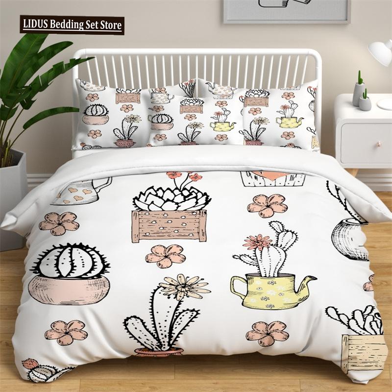 

Green Cactus Potted Duvet Cover Set King Size Polyester Comforter Cover Cartoon Green Plant Cute Kawaii For Kid Boy Bedding Set EU single(135x200cm)