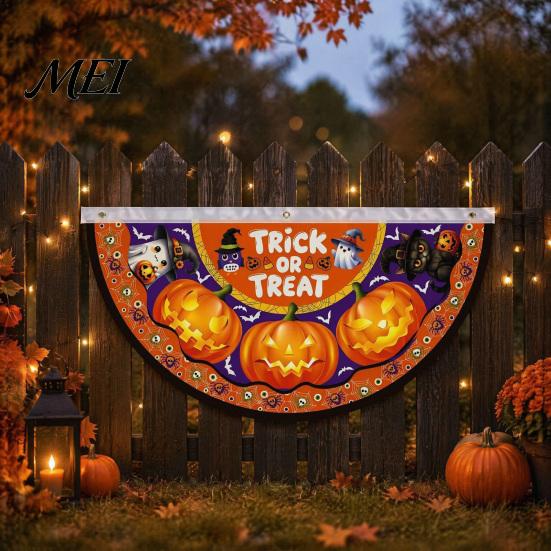 Outdoor Halloween Decorations Semi Circle Bunting Banner, Pumpkin Bat Porch Yard Decor, Festive Window Hanging Spooky Flag for Indoor Party