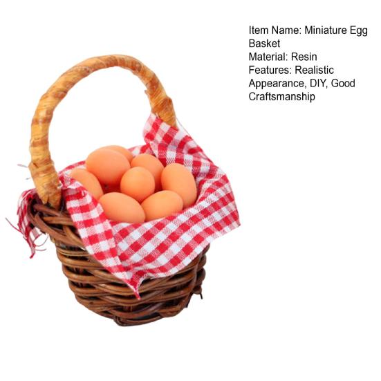 Miniaturní košík na vajíčka, červená kostkovaná látka, 12 vajec, pryskyřice, dětské dárky, hračky, domeček pro panenky, dekorace na scénu, mini vejce, kachna, tkaný košík, domeček pro panenky, příslušenství