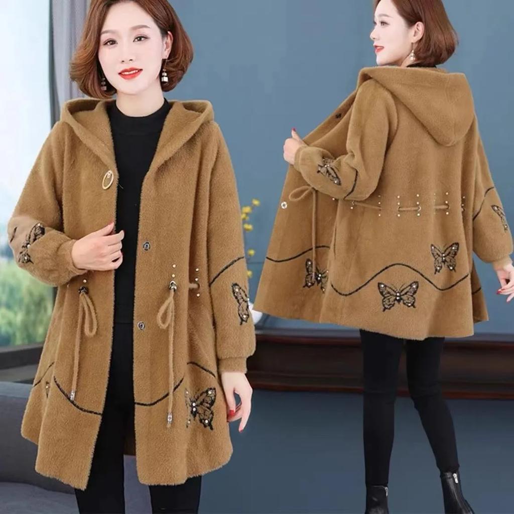 Women's Thickened Warm Imitation Mink Fleece Coat for Fall/Winter Long-Length Hooded Wool Coat for Middle-Aged and Elderly Women
