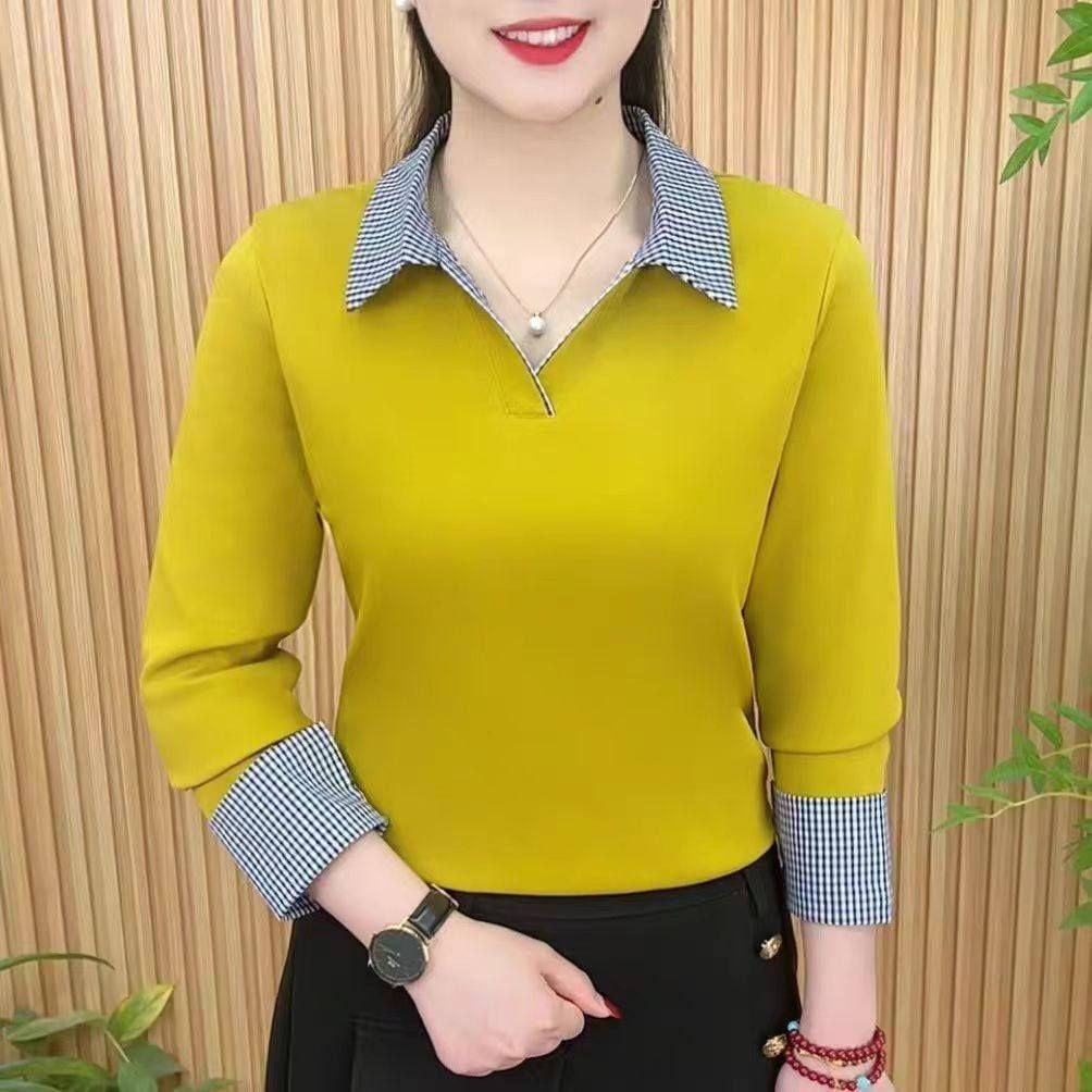 Spring Color Block Slim Fit Long Sleeve Blouse - Versatile, Age-Reducing Fashion.