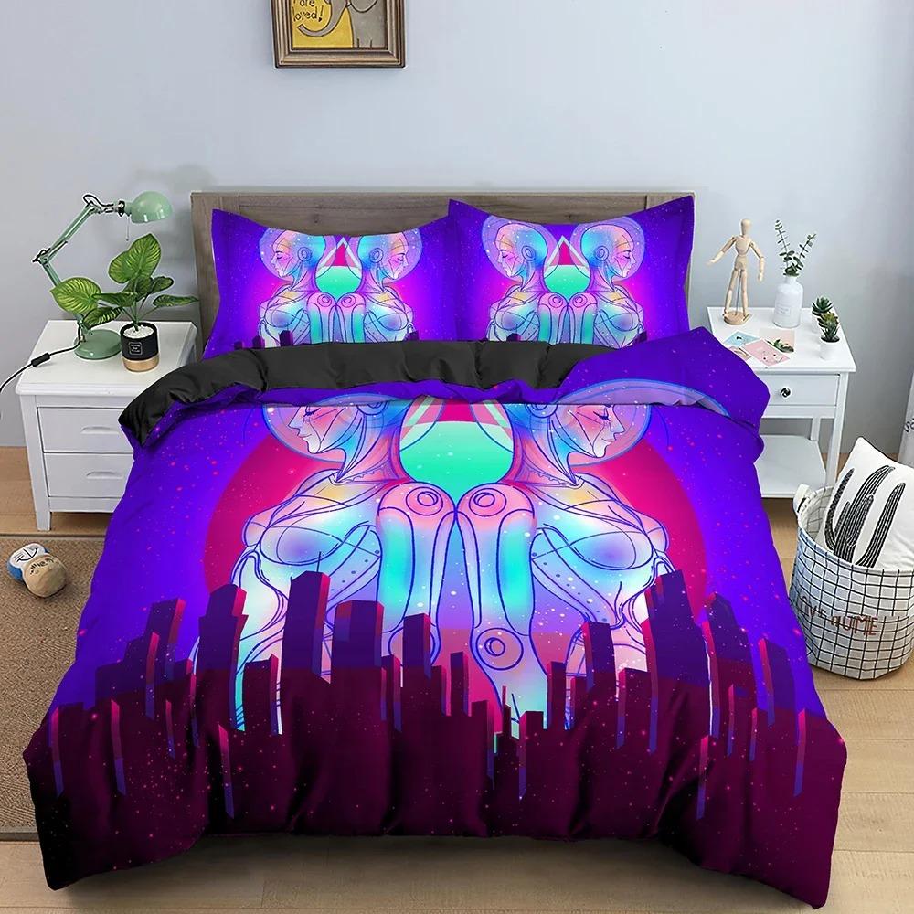 Retro Bedding Set Abstract Duvet Cover Set Waves And Sunset Pattern Comforter Cover With Pillowcase King Queen Home Textiles