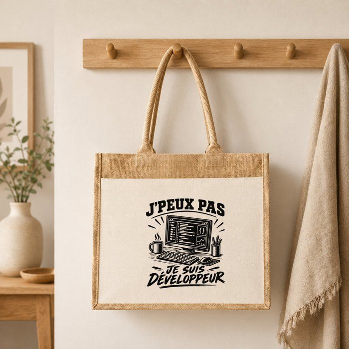 Sac Cabas Jute avec Poche J’peux pas je suis Développeur J'peux pas minimaliste | Toile de Jute et Coton 21 L Fond Plat Anses 65 cm
