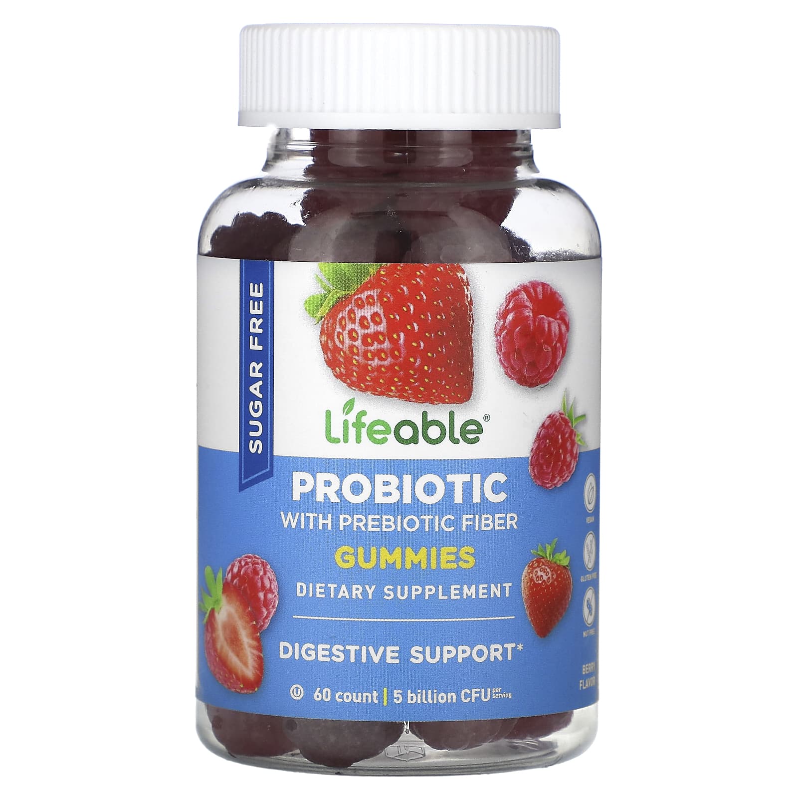 

Probiotic with Prebiotic Fiber, Sugar Free, Berry Flavor, 60 Gummies