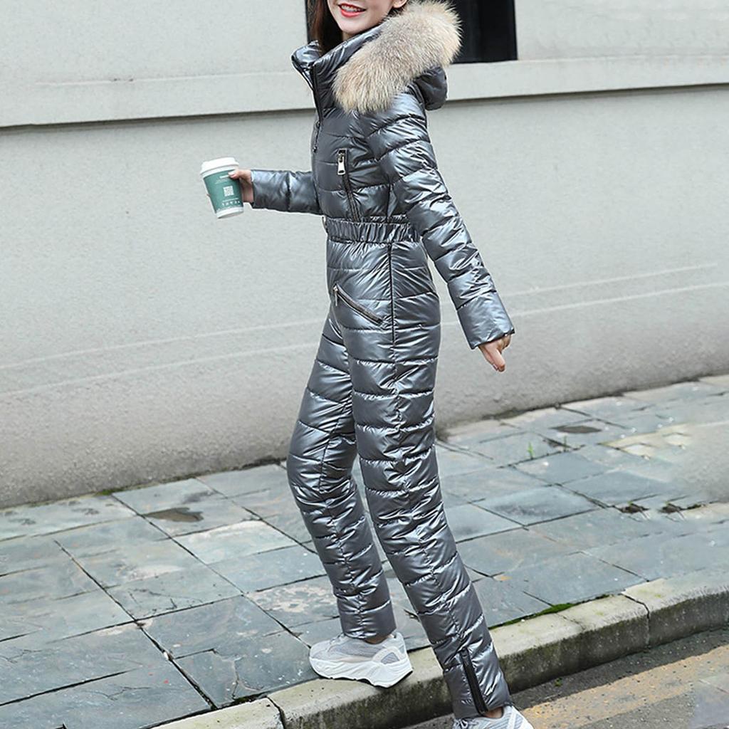 Einfarbiger Skianzug mit Kapuze, warme, verdickte Daunenjacke, Nudelanzug, Brotanzug, einteiliger Skianzug
