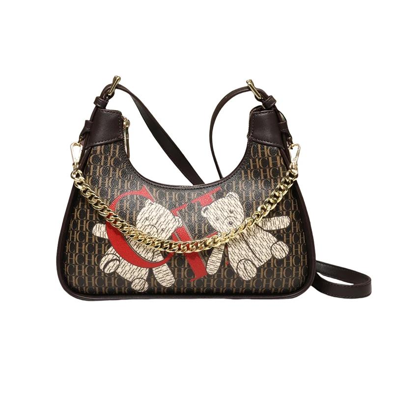 Simple Solid Color Women's Shoulder Bag Commuter Chain Tote Trendy Bent Moon Bag Cute Animal Printing Design Large Capacity