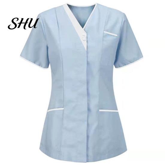 Tops Uniforme Camici da Infermiere Traspiranti Donna Scollo a V Manica Corta Tasche Top Scrub Tute Uniformi Patchwork Colore Design Lavoro Infermieristico