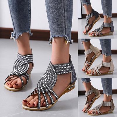 Sandals Women Women'S Ladies Fashion Vintage Crystal Outdoor Hollow Out Zip Up Sandals Shoes Womens Sandals Pu