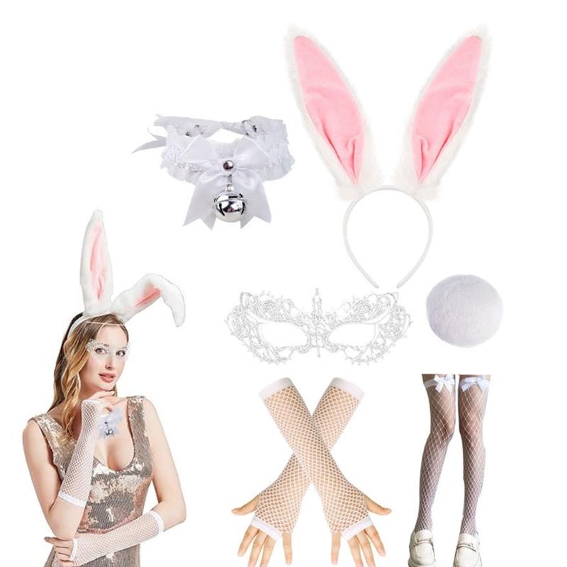 Hasenohren Stirnband Kragen Fliege Manschetten Hasen Schwanz für Halloween Cosplay Party Osterhasen Kostüm Set für Damen