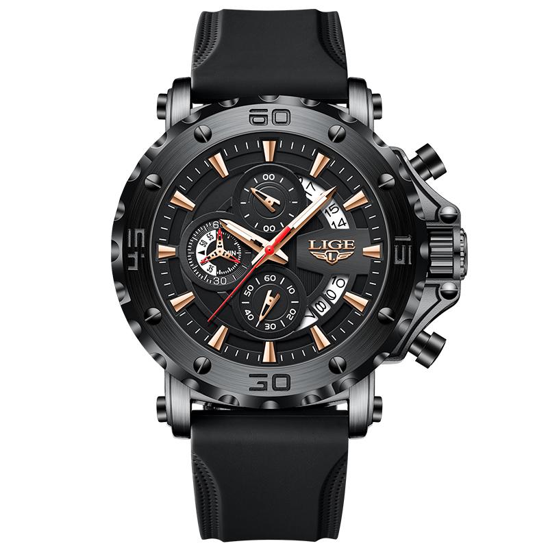LIGE mens wristwatch luxury chronograph luminous quartz calendar silicone strap fashion business casual male watches reloj