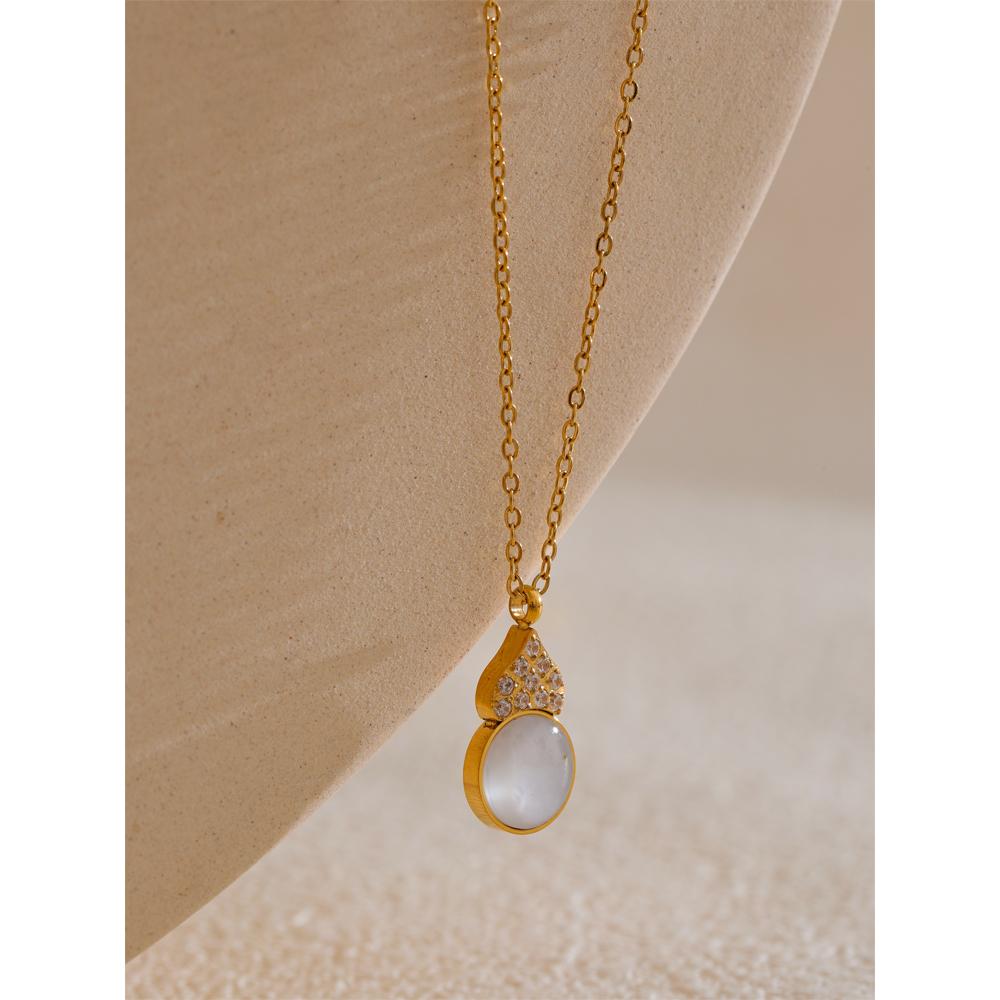 Yhpup Delicate Shiny Cubic Zirconia Natural Shell Exquisite Gourd Necklace Pendant Stainless Steel High Quality Jewelry Gift