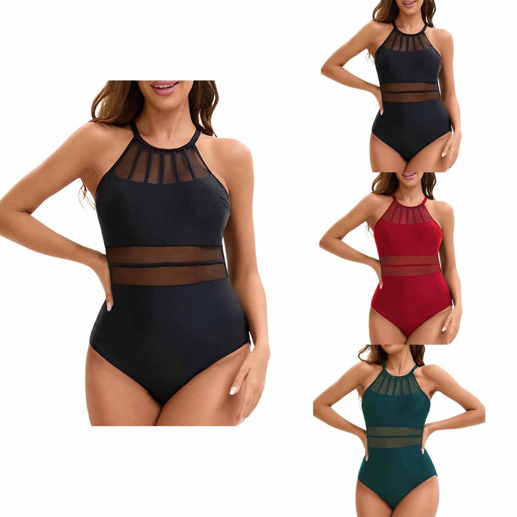 Women's Sleeveless Netting One-Piece Swimsuit, Color Sexy Backless Design, Tight-Fit Summer Beach & Pool Swimwear
