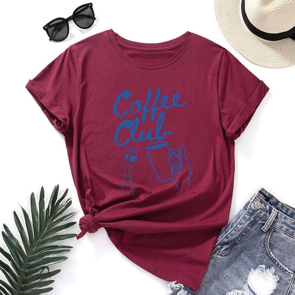 Coffee Alphabet Cotton T-Shirt Short Sleeve Round Neck Women 2d Print Tops