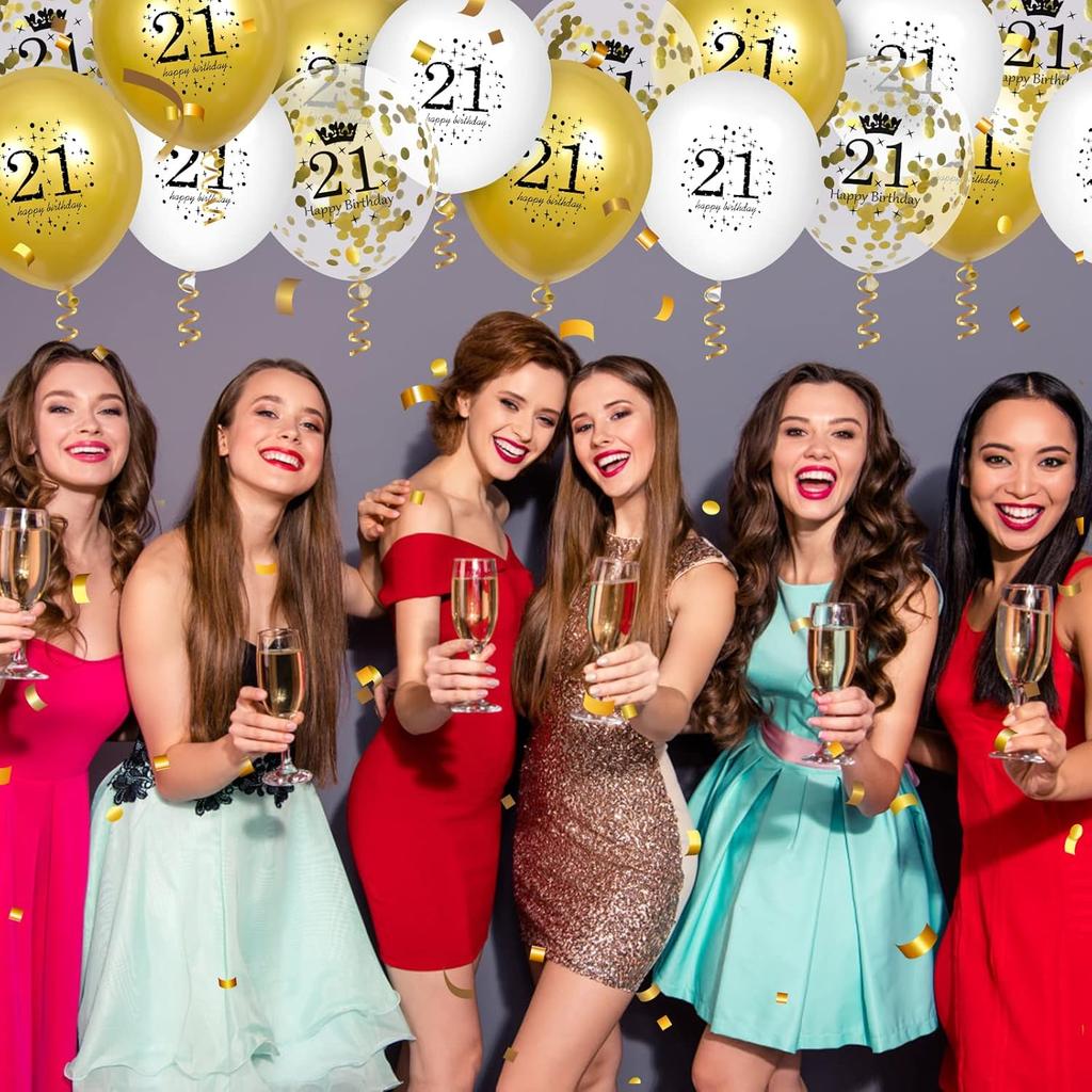 21st Birthday Balloons - 15pcs White Gold Happy Birthday Latex Balloons with Confetti for Boys & Girls 12 inch