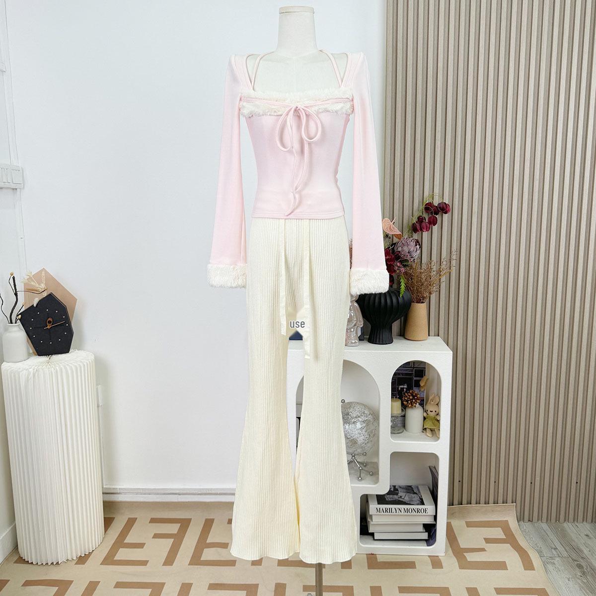 

Sweet Pink Square Neck Fur Patchwork Long Sleeve Halter T-shirt for Women Slim Fit Inner Layer Age-Reducing Top Small