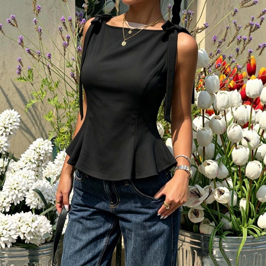 Sleeveless Top, Bow Tie Waist Slimming Ruffle Top For Women Summer