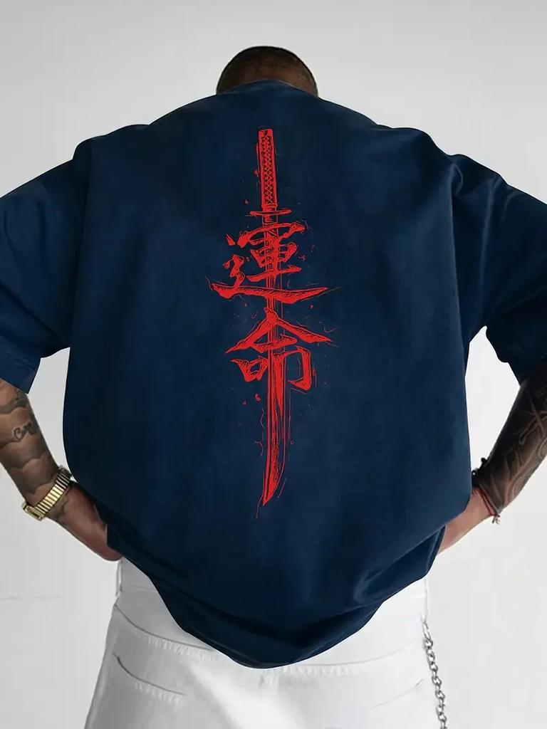 A Mens Short Sleeved Tshirt Made of Pure Cotton with A Japanese Samurai Sword Pattern Printed on It Regular Style Fashionabl
