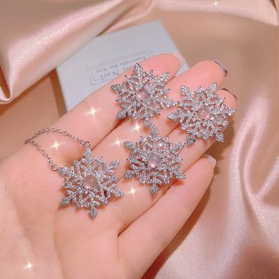 Silver New Snowflake Sparkling Zircon Open Ring Necklace Stud Earrings Set Women's Party Wedding Jewelry Christmas Gift