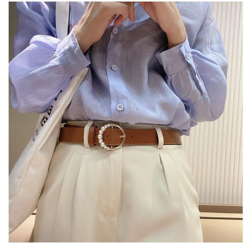 Vintage Black Fashionable Pearl Buckle Belt For Women Chic Denim Accessory Outfit